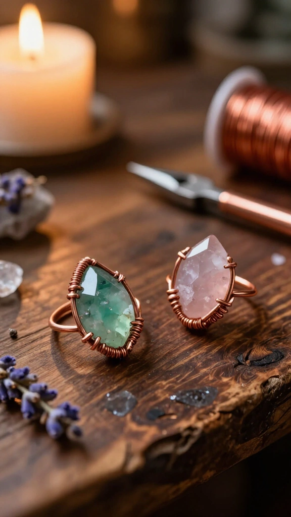 Copper Wire-Wrapped Crystal Rings