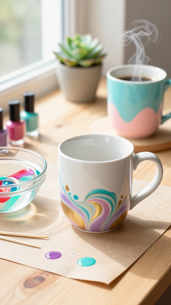 Marbled Mugs With Leftover Nail Polish