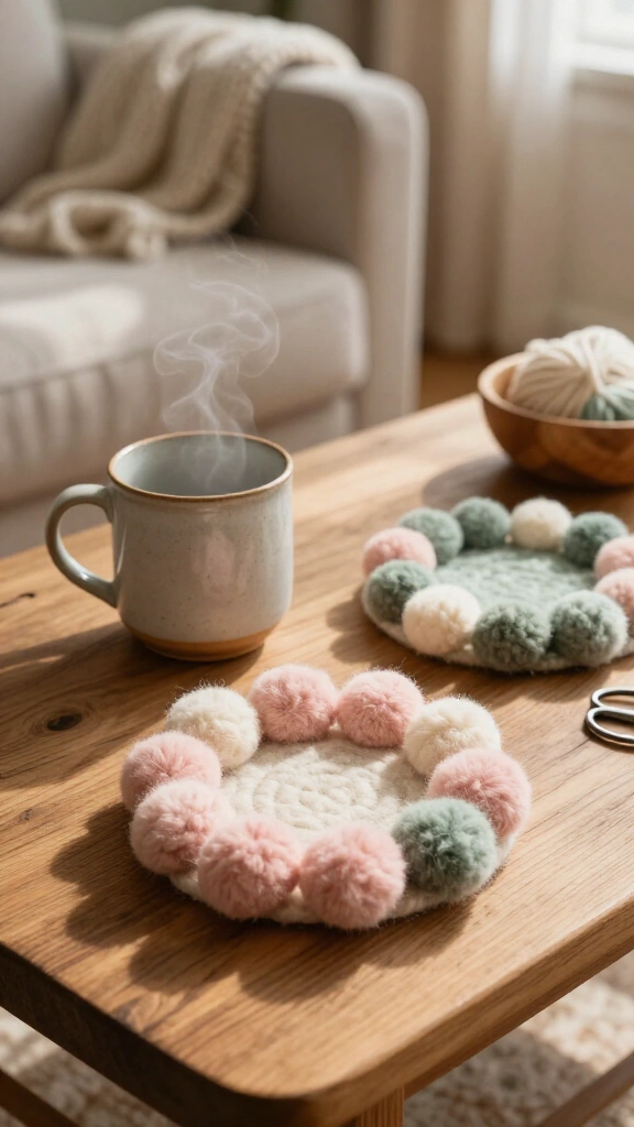 Fluffy Yarn Pom-Pom Coasters