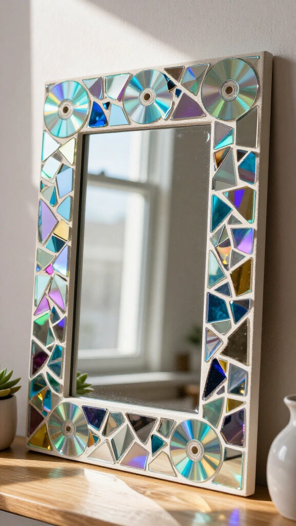 Mosaic Mirror Frame From Broken CDs