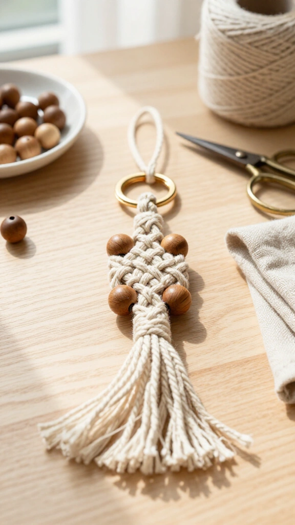 Macrame Wooden Bead Keychain