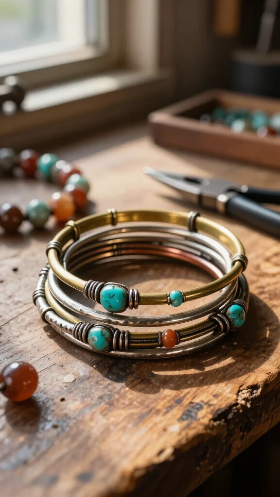 Stacking Wire Bangles with Gemstone Beads