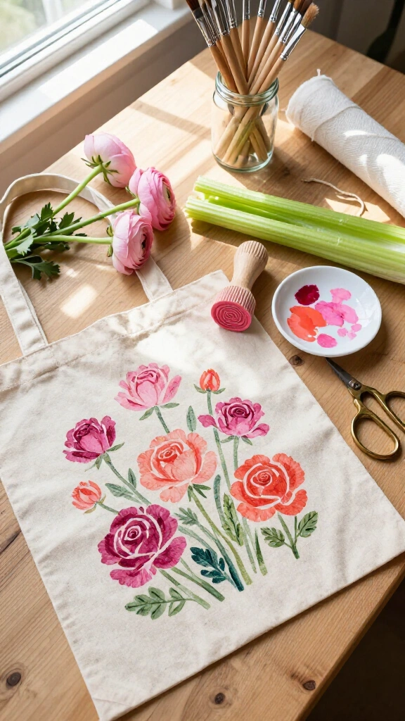 Hand-Stamped Floral Canvas Tote Bags