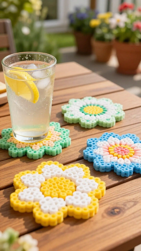 Retro Perler Bead Floral Coasters