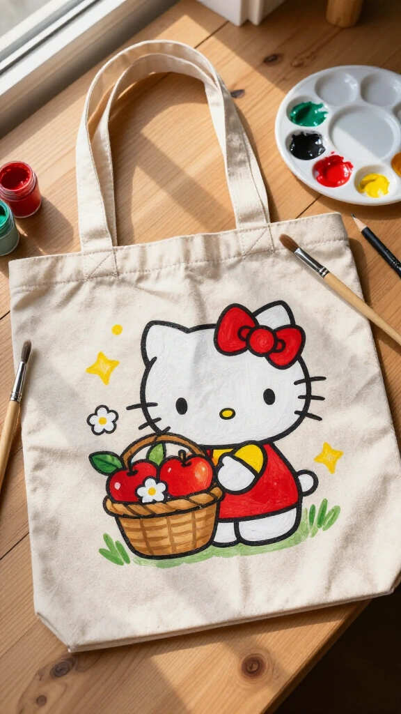 Painted Hello Kitty canvas tote bag