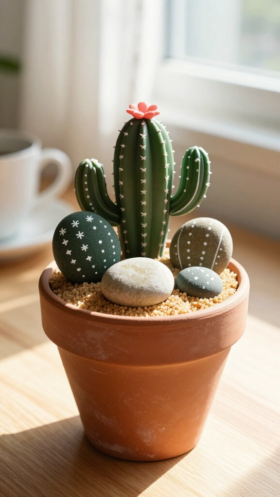 Painted River Stone Faux Cactus Garden