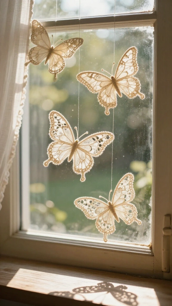 Vintage lace ribbon window hangings