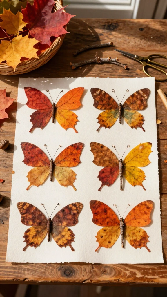 Foraged fall leaf butterfly collages