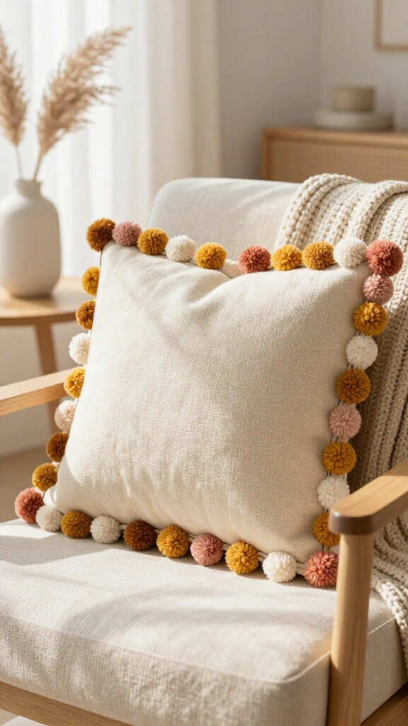 Pom Pom Trimmed Throw Pillow