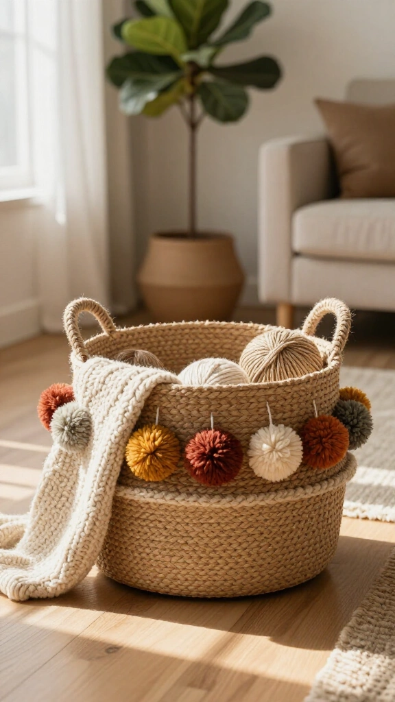 Boho Pom Pom Storage Basket