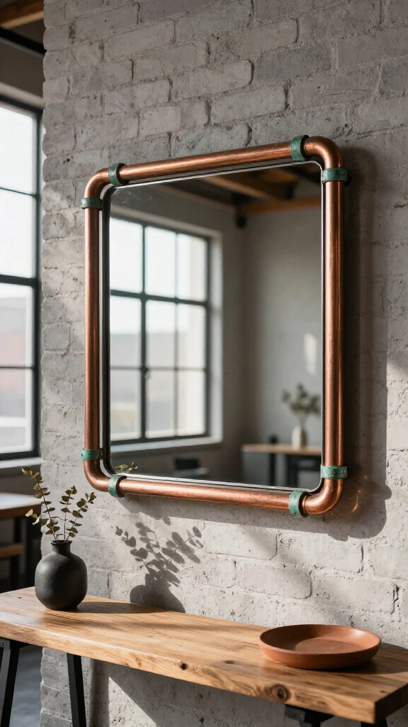 Industrial antiqued copper pipe mirror