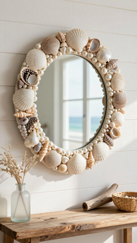 Coastal seashell and pearl mirror