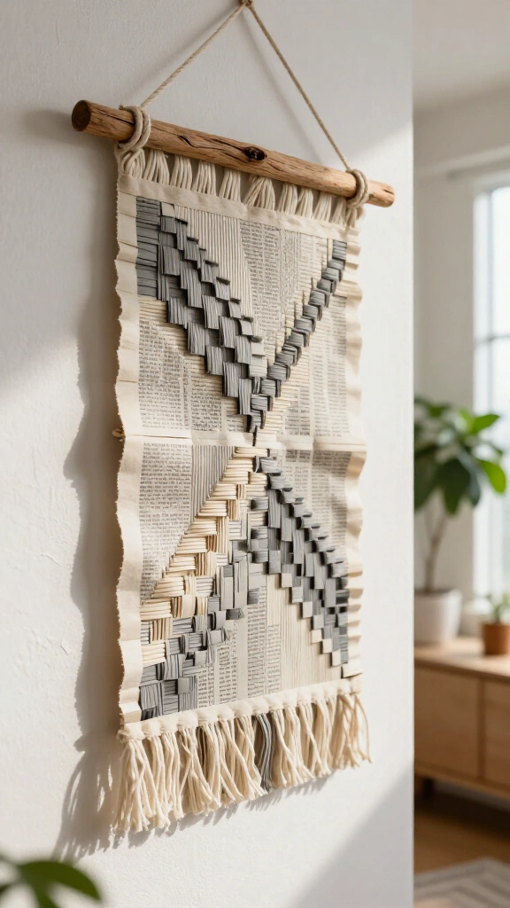 Woven newspaper strip wall hanging