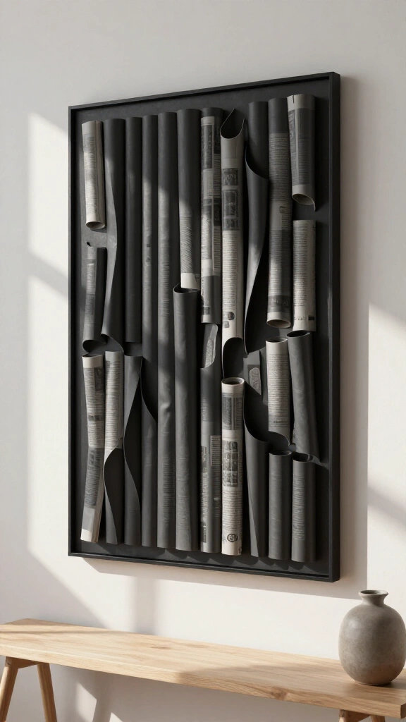 Rolled newspaper tube canvas art