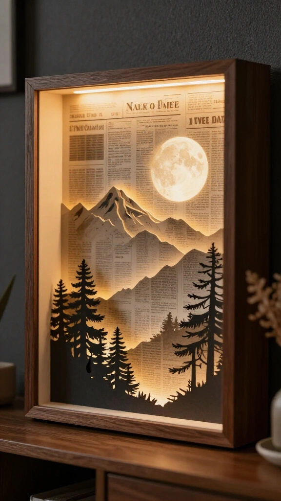 Layered newspaper shadow box art