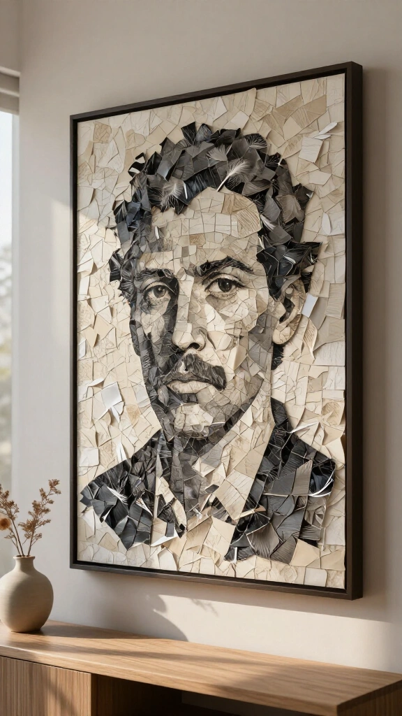 Newspaper mosaic wall portrait