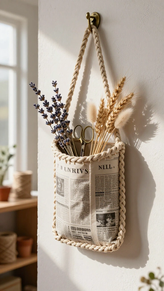Newspaper braided hanging wall pockets