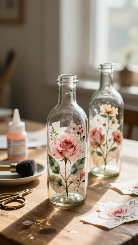 Decoupage Floral Accent Bottles