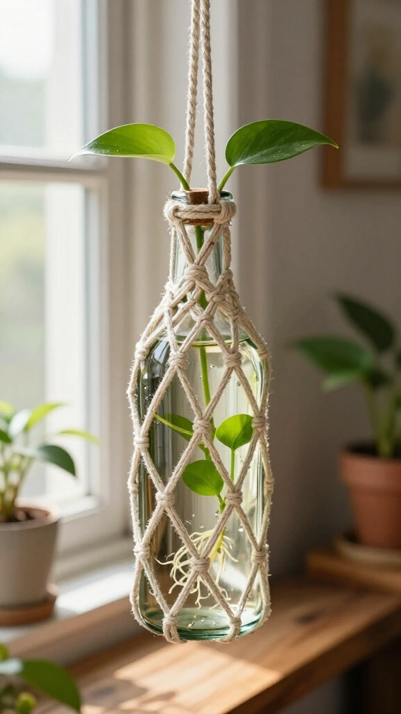 Macrame-Wrapped Hanging Bottles