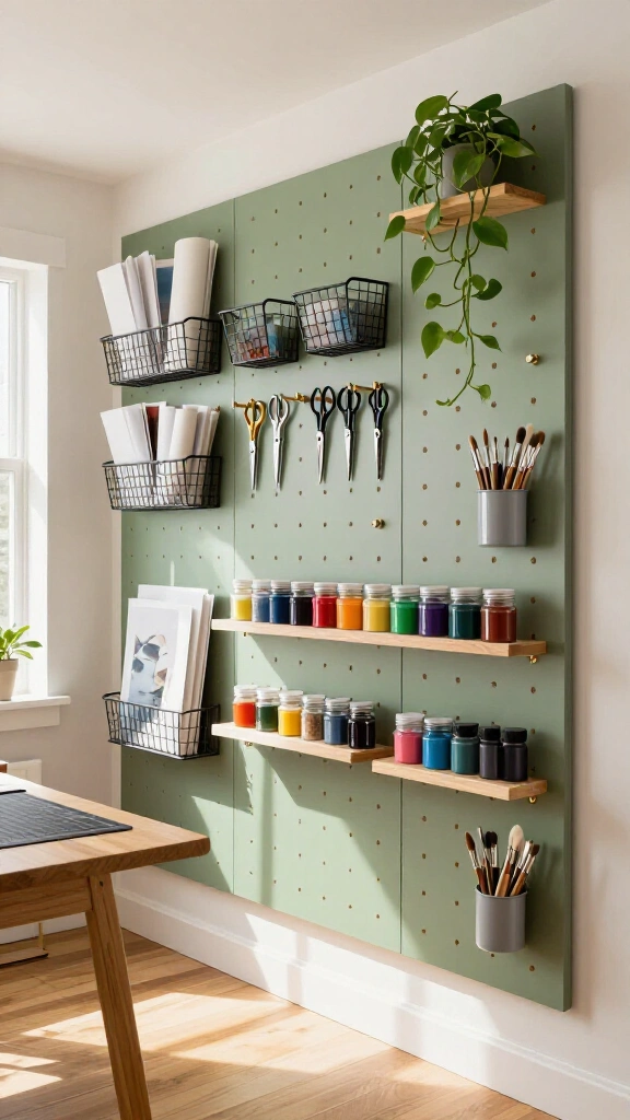 Floor-to-ceiling pegboard command center