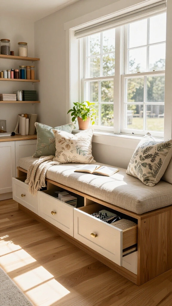Built-in window bench storage