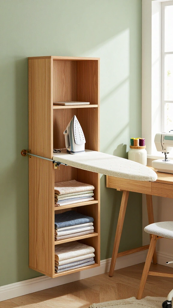 Wall-mounted fold-out ironing station