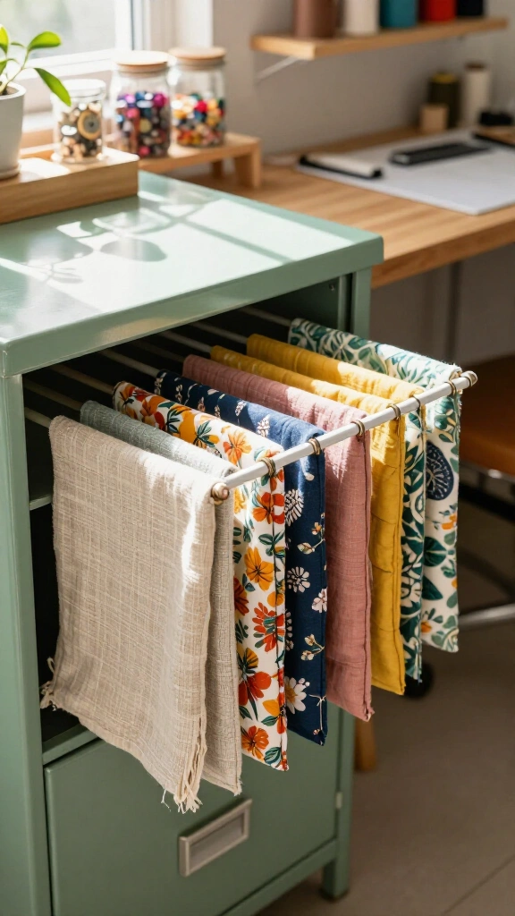 Tension rod fabric filing cabinet