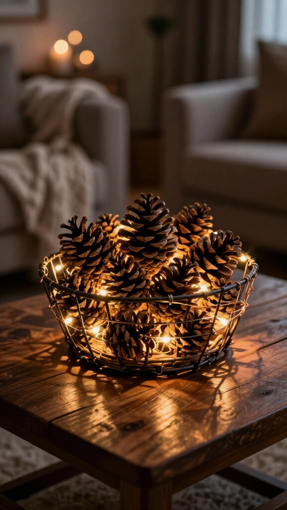 Lighted Pinecone Basket Display
