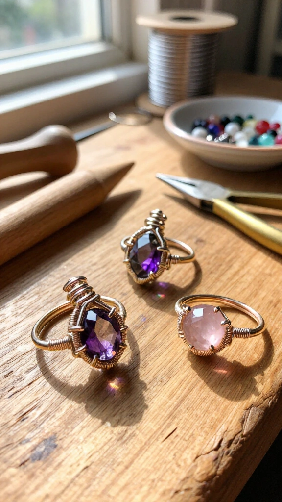 Wire and crystal beaded rings