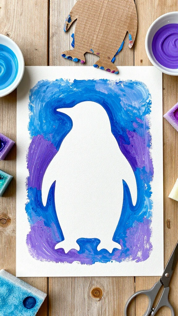 Sponge-Painted Penguin Silhouette