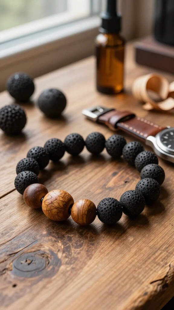Wooden Bead & Leather Wristband