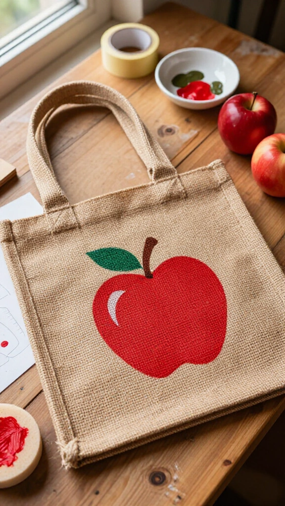 Stenciled Burlap Apple Tote Bags