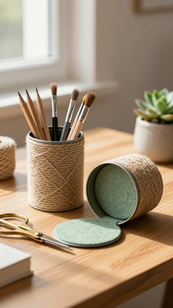Twine-Wrapped Pencil Cups with Felt Liners