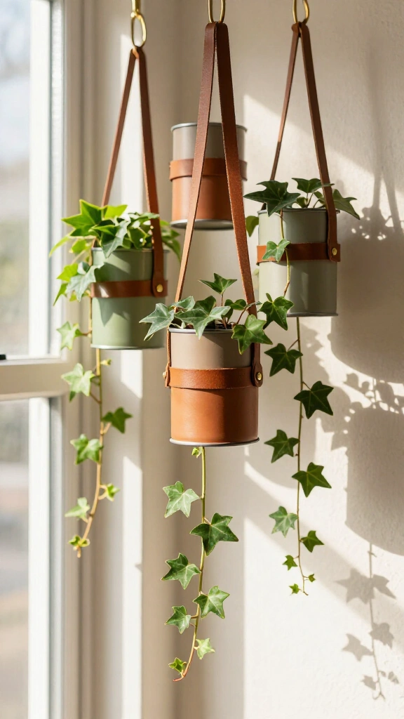 Leather-Strapped Hanging Planters