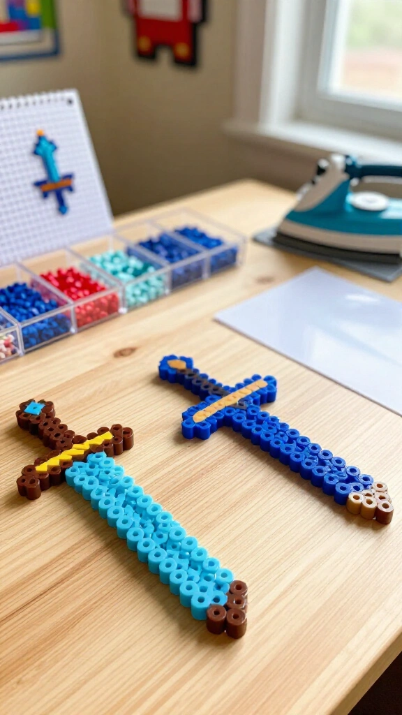 Perler bead pixel swords and pickaxes