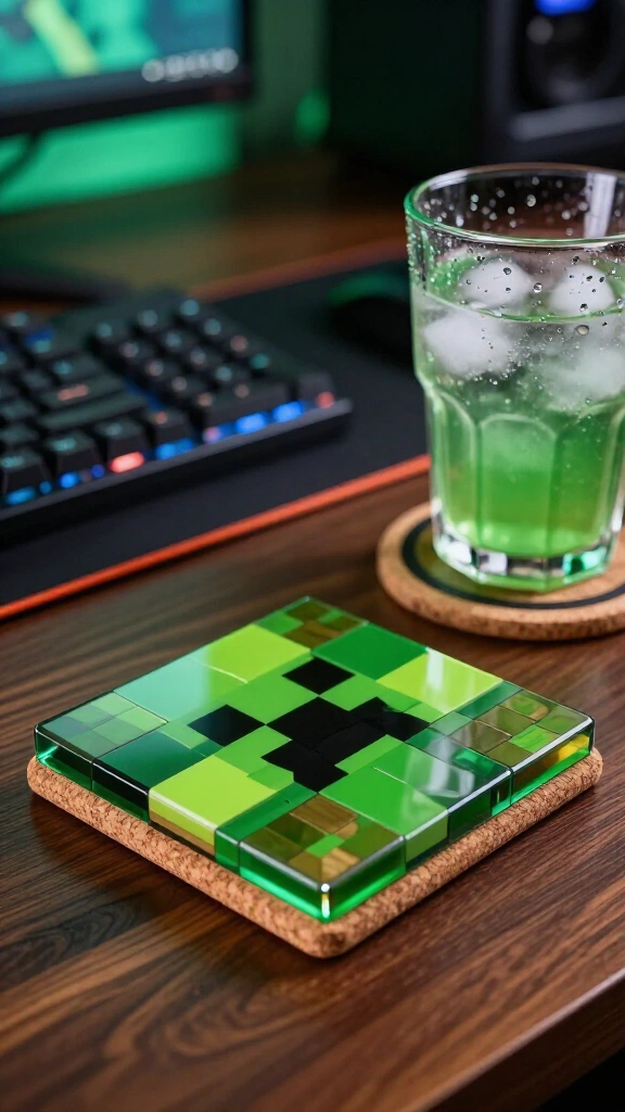 Pixelated Creeper drink coasters