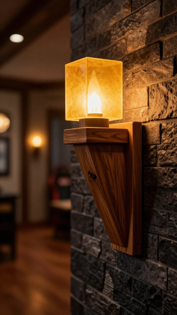 Wall-mounted wooden torch sconce