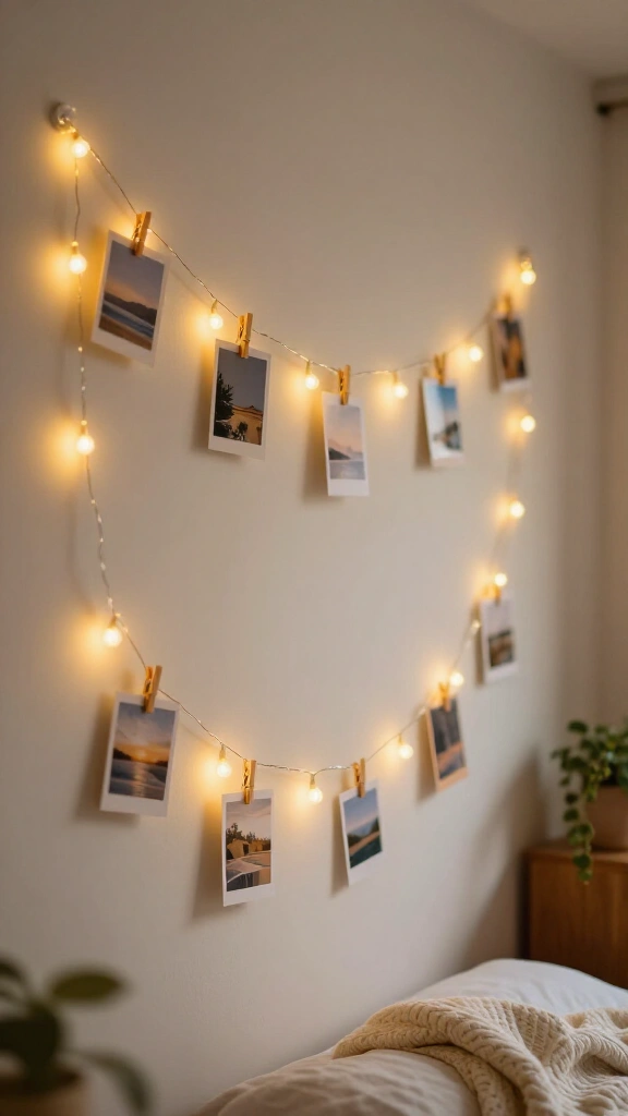 Fairy light hanging photo wall