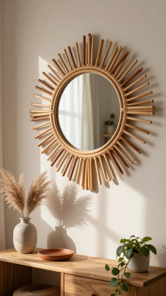 Woven sunburst rattan mirror