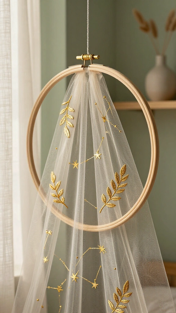 Embroidered sheer tulle wall hoop