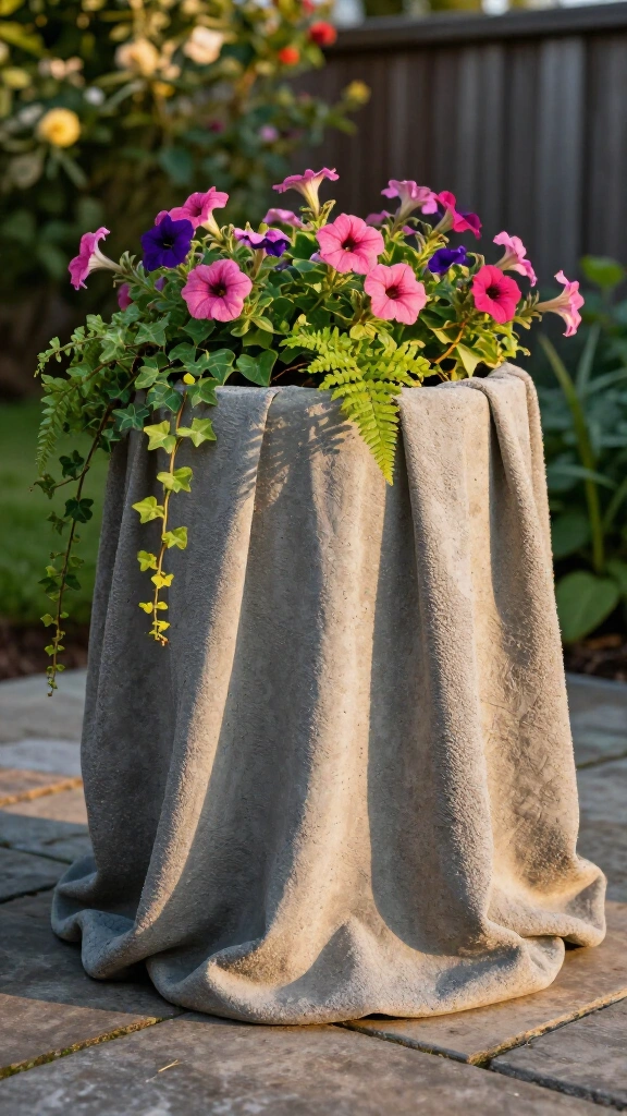Towel-Draped Concrete Flower Pots