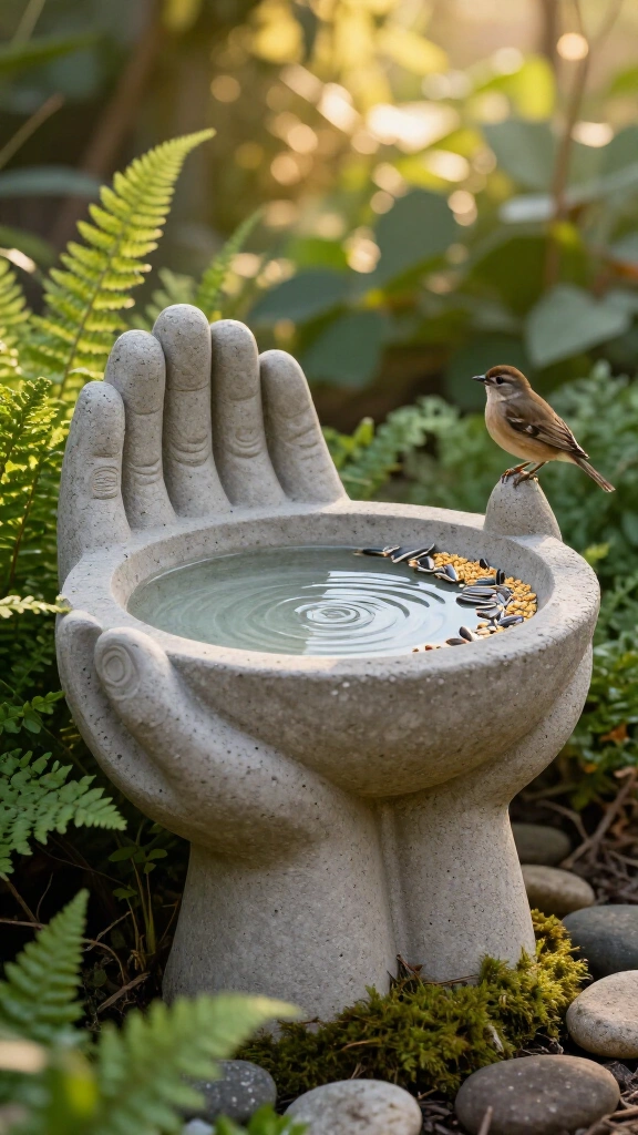 Concrete Hands Birdbath & Feeder