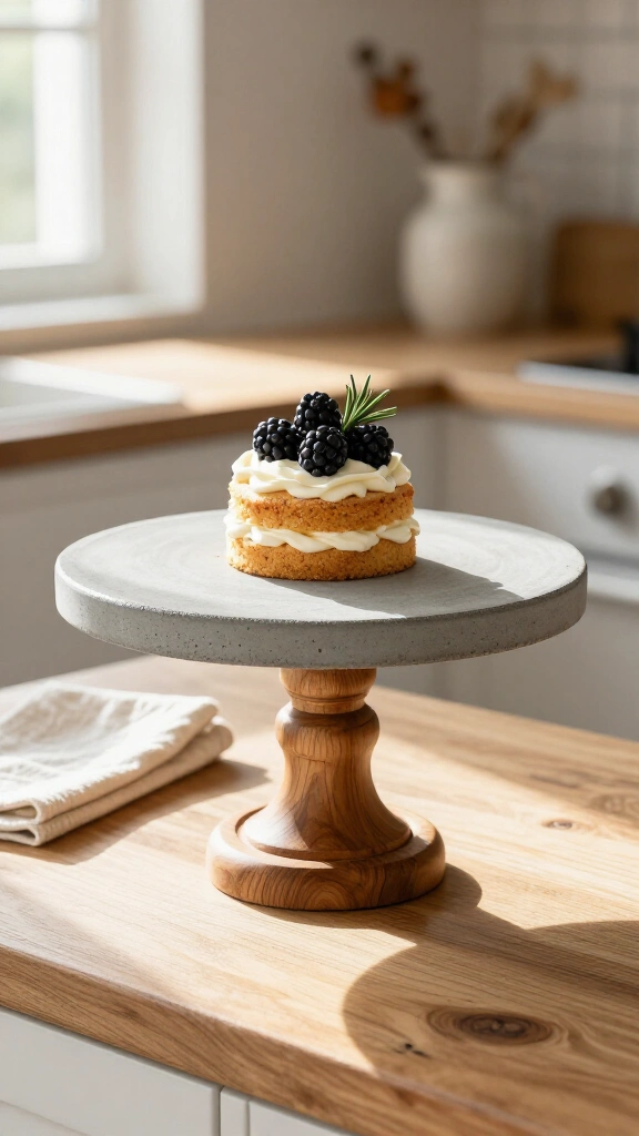 Concrete Cake Stand with Wooden Base