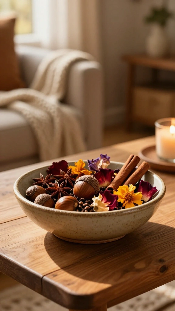 Dried flower and acorn potpourri bowl