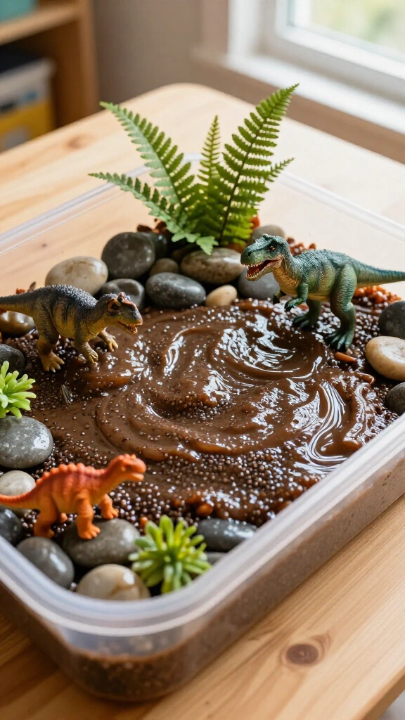 Dinosaur Sensory Bin with Chia Seed Mud