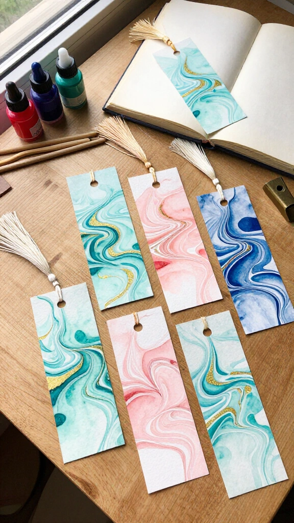 Hand-marbled paper bookmarks