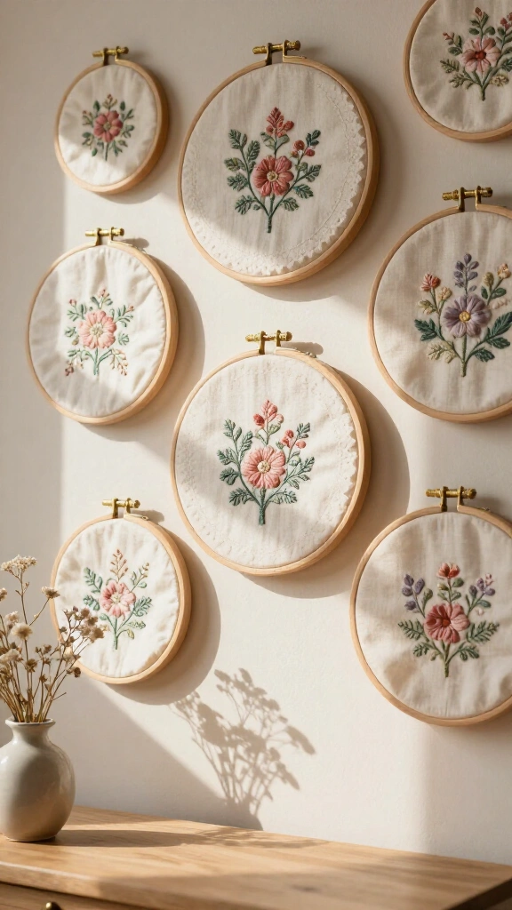 Embroidered Hankie Wall Art in Wooden Hoops