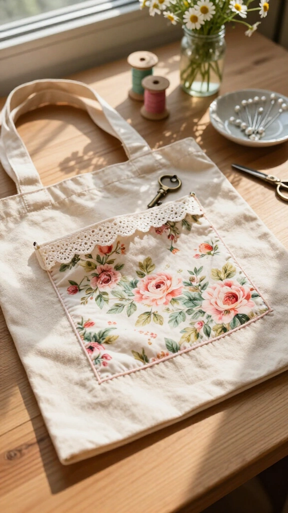 Upcycled Hankie Tote Bag Accent Pocket