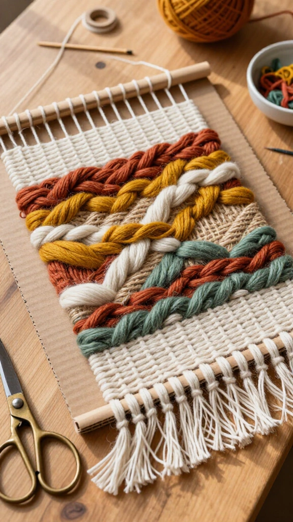 Woven yarn wall hangings on cardboard looms
