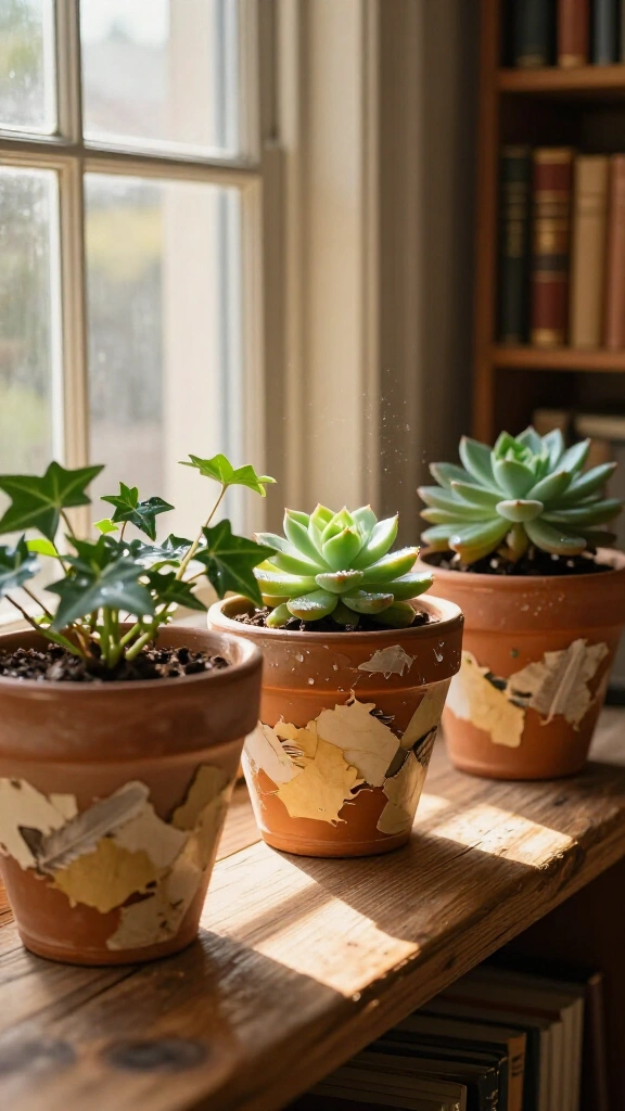 Decoupaged vintage terracotta pots